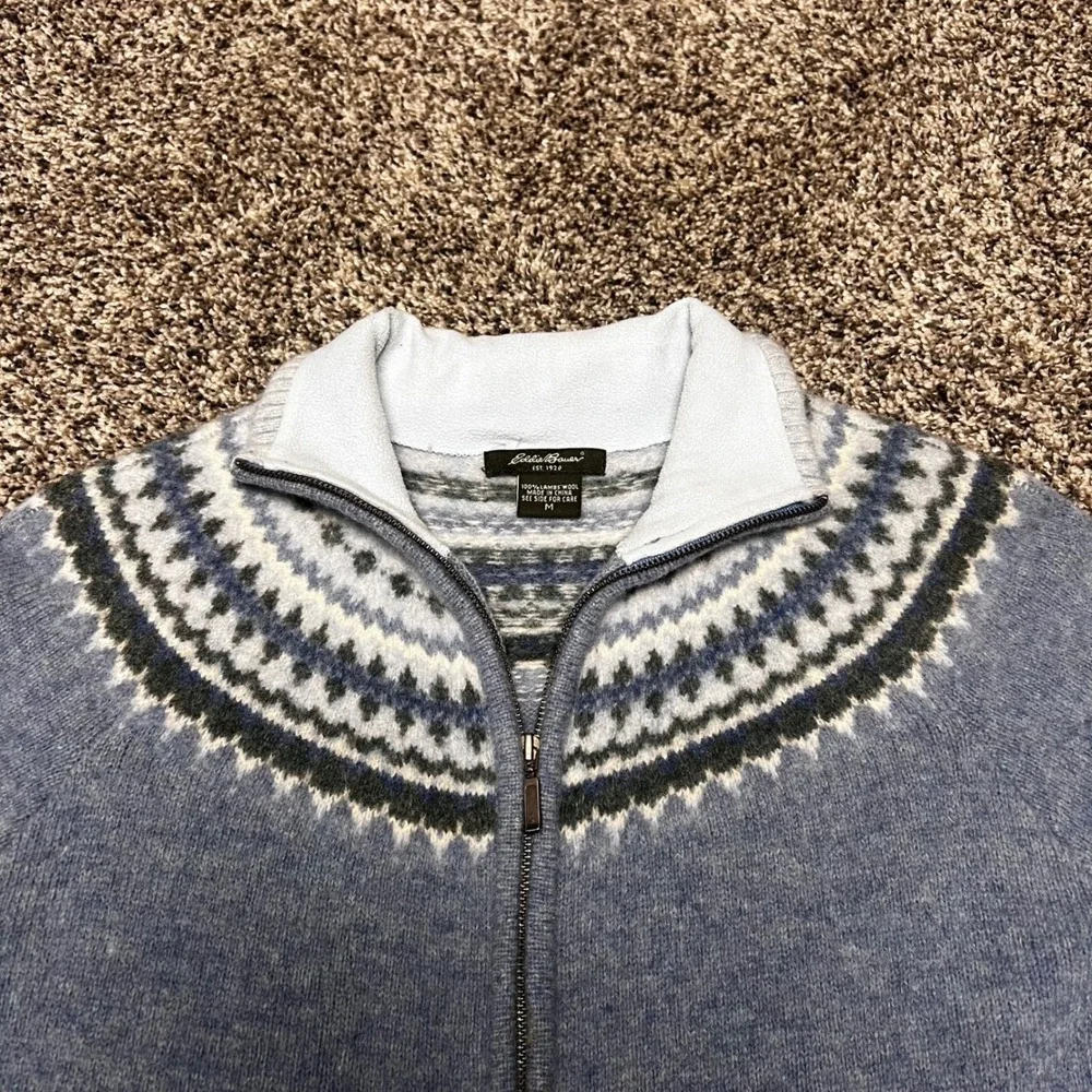 Eddie Bauer 100% Lambswool Fair Isle Nordic Zip Cardigan Sweater M Vintage‎